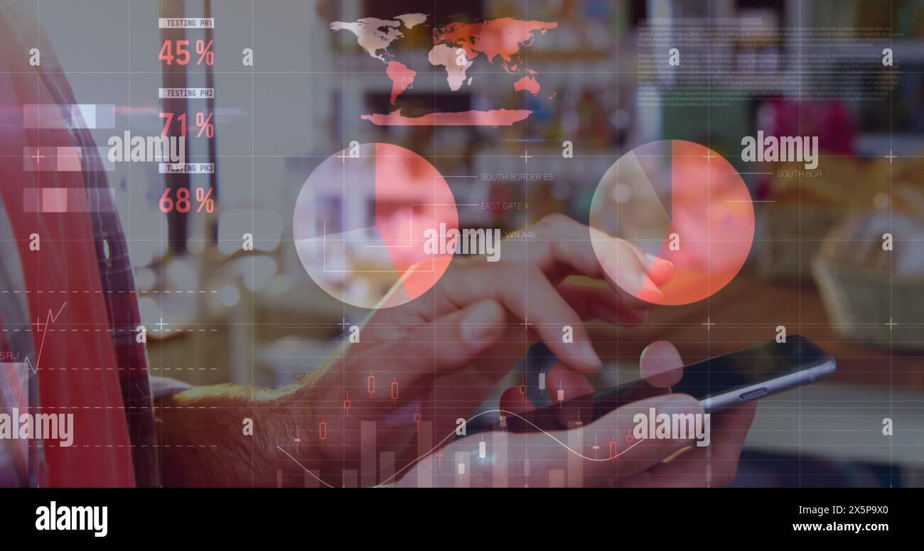 Statistical data processing against mid section of a man using smartphone Stock Photo