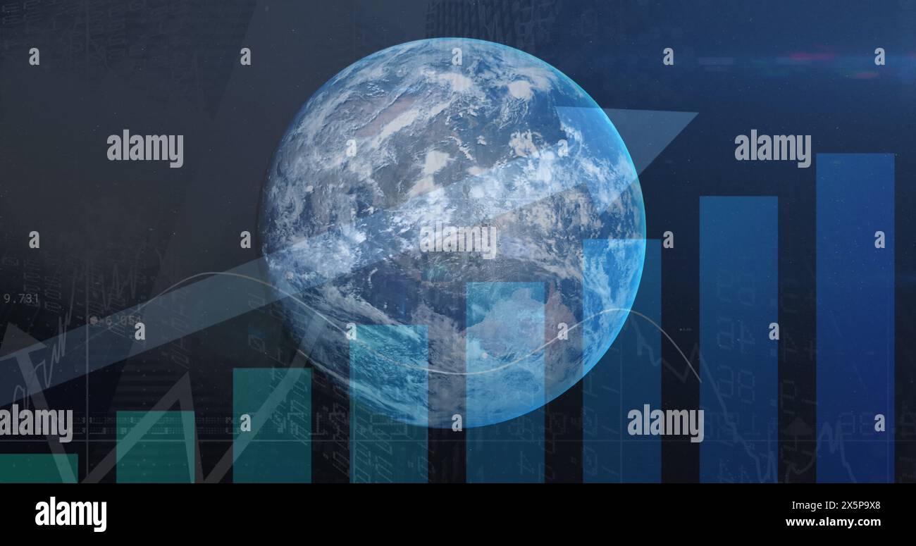Image of data processing and globe over blue background Stock Photo