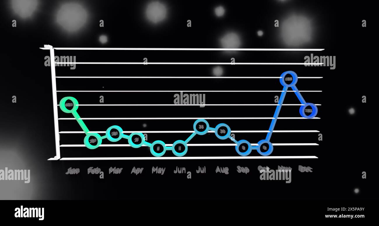 Image of data processing over light spots on black background Stock Photo