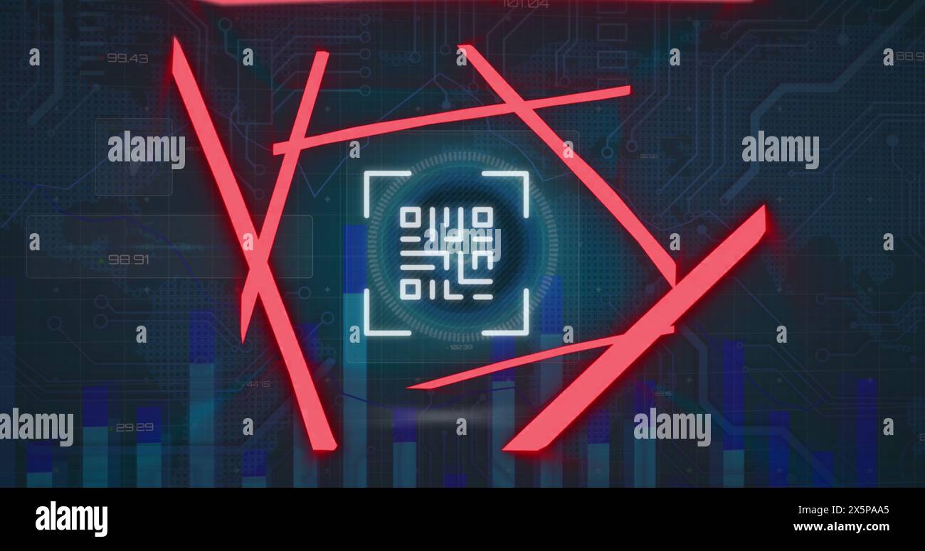 Image of qr code in abstract pattern over hud interface against blue ...