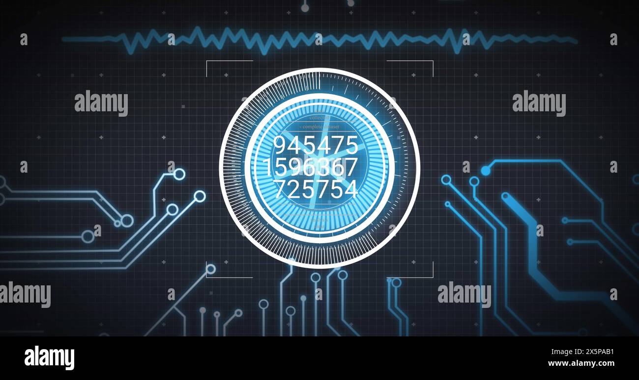 Image of abstract pattern in circles, multiple numbers over soundwave and circuit board pattern Stock Photo