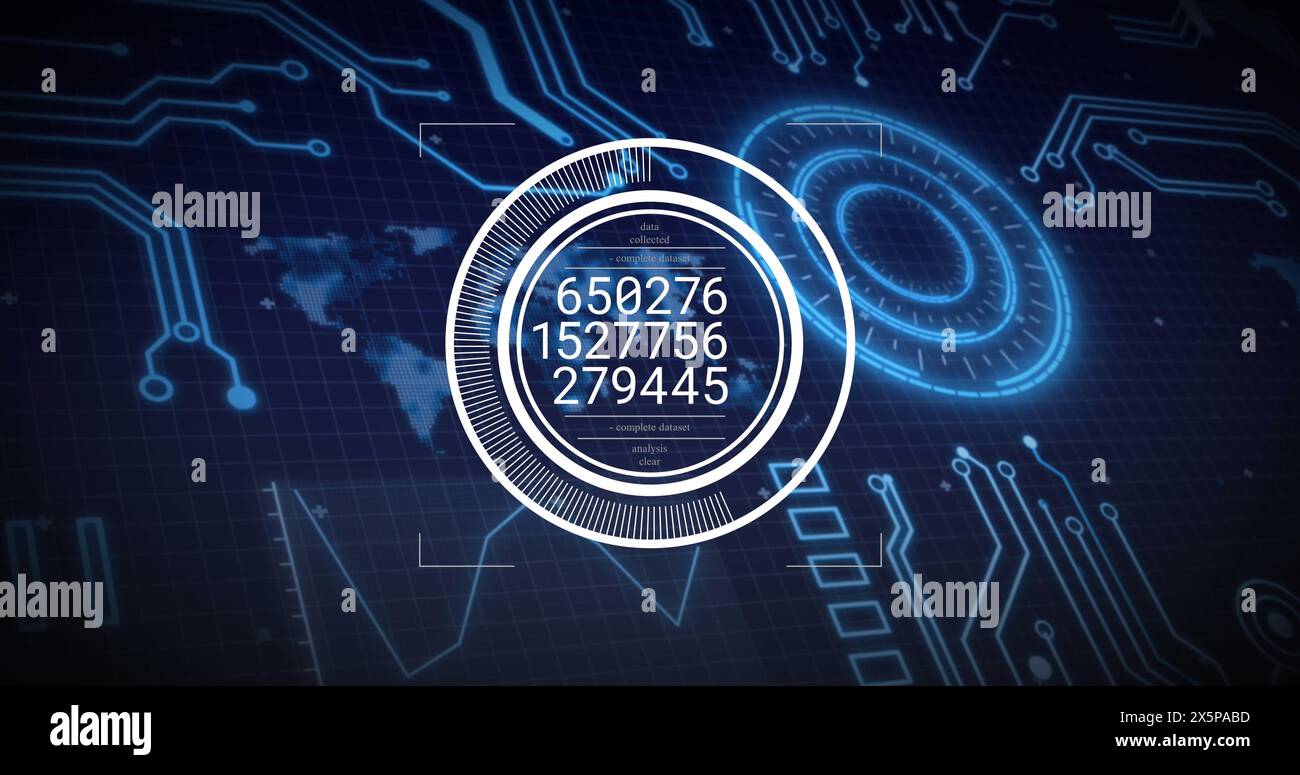 Image of multiple numbers in circles over radar, circuit board pattern, map and globe Stock Photo