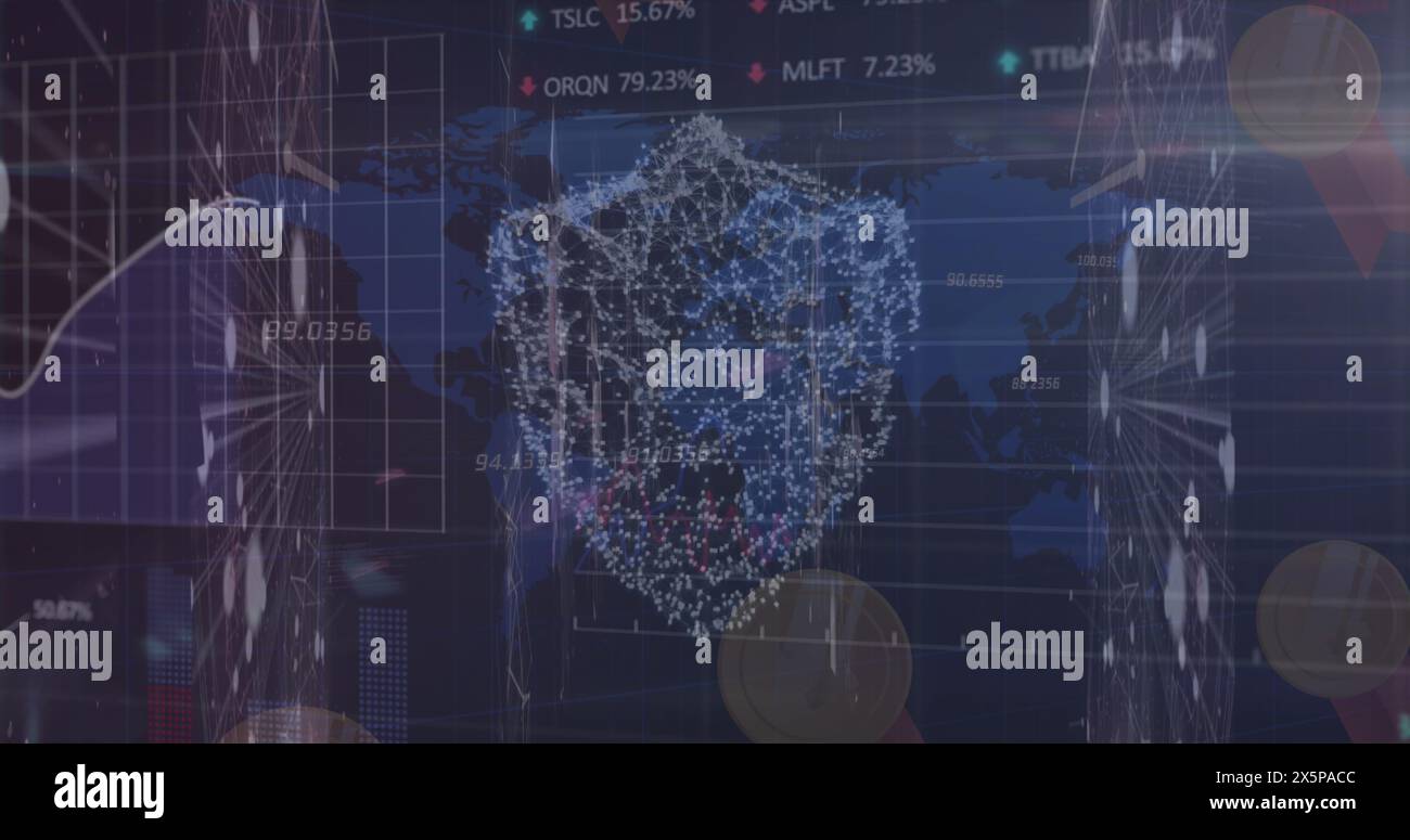 Image of data processing over shield and world map Stock Photo
