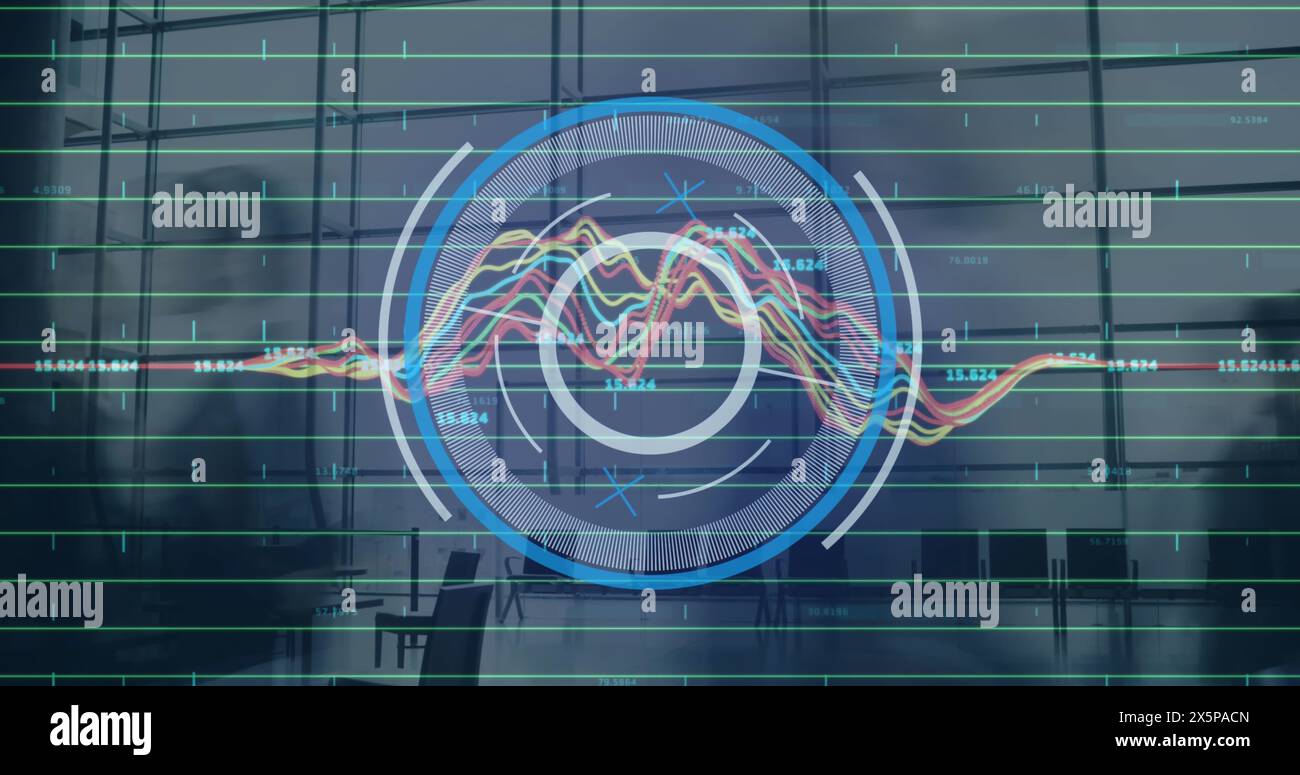 Image of neon round scanner and data processing against time-lapse of ...