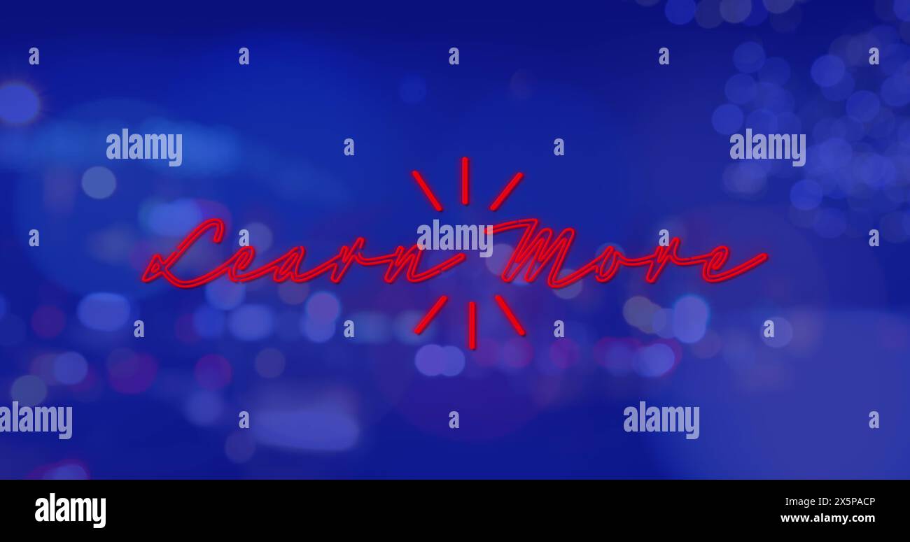 Image of learn more neon text banner against night city traffic Stock Photo