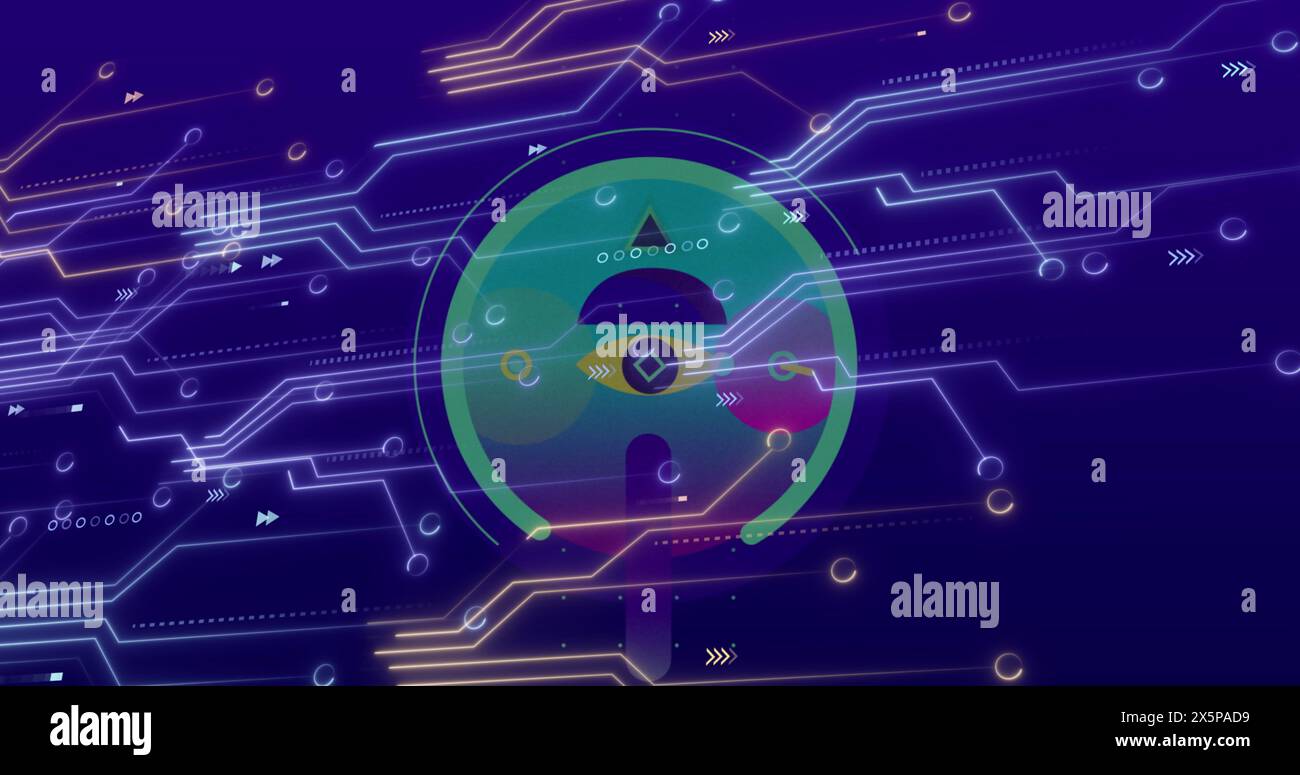 Image of data processing and spots over blue background Stock Photo