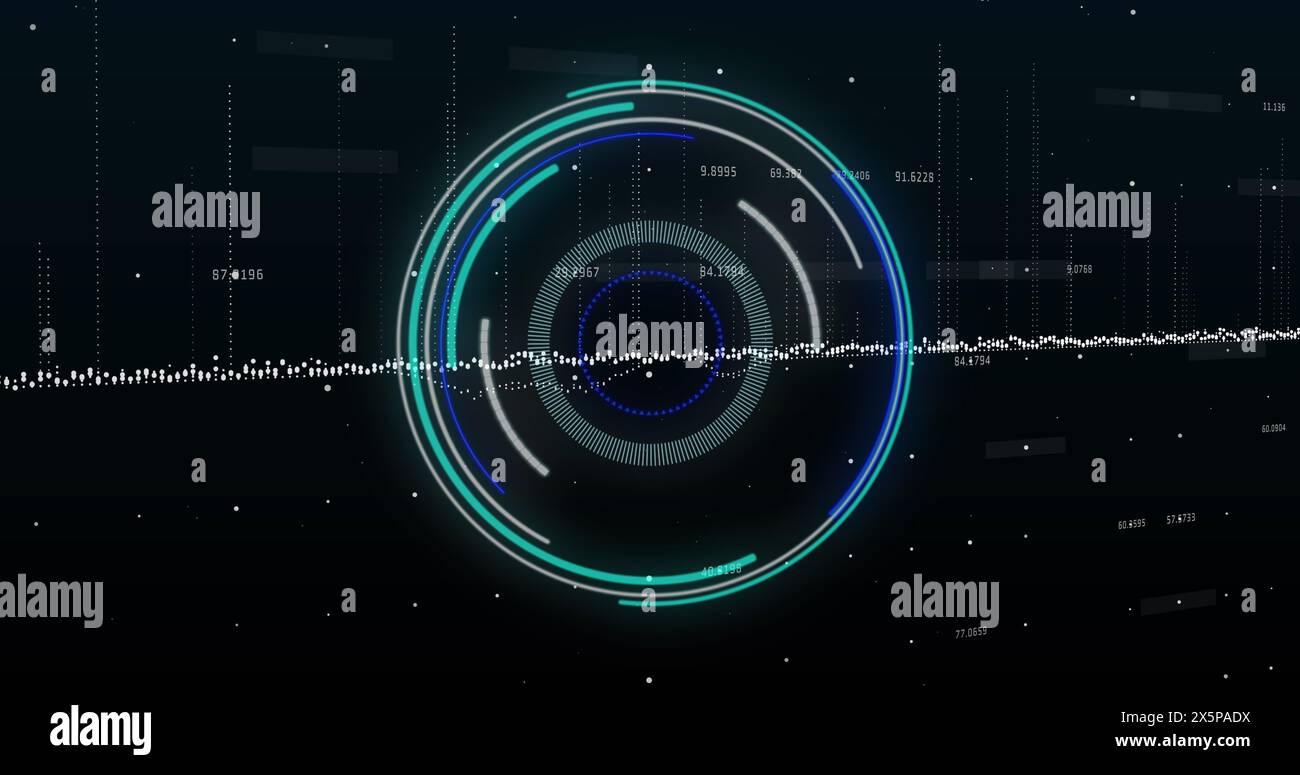 Image of neon round scanner and data processing against black ...