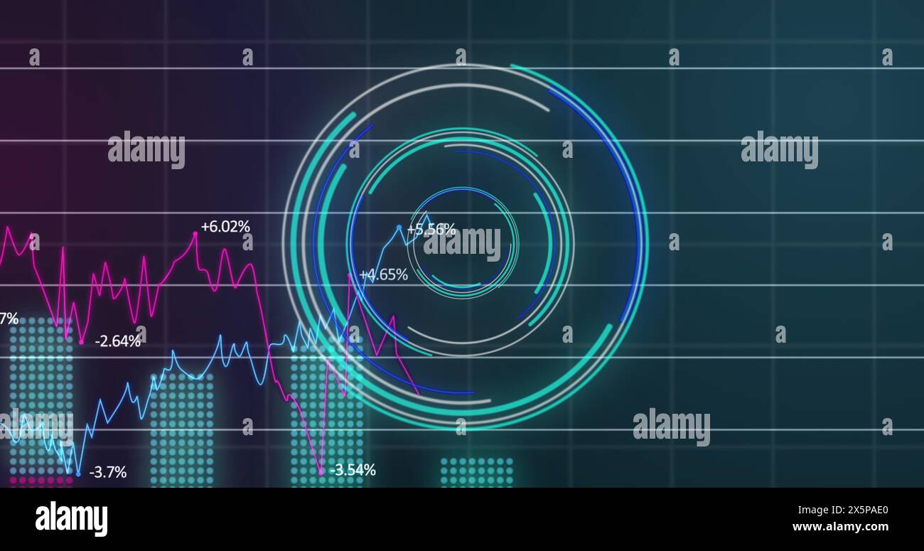 Image of neon round scanner and statistical data processing against blue gradient background Stock Photo