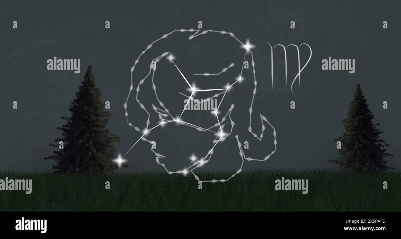 Image of virgo star sign with glowing stars over grass and fir trees Stock Photo