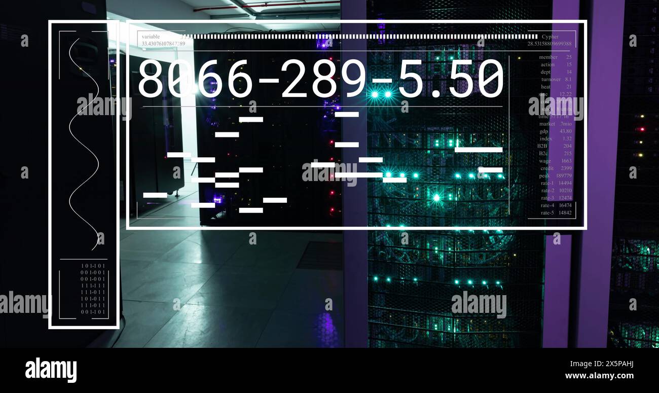 Data processing over glowing servers in dark computer server room Stock Photo