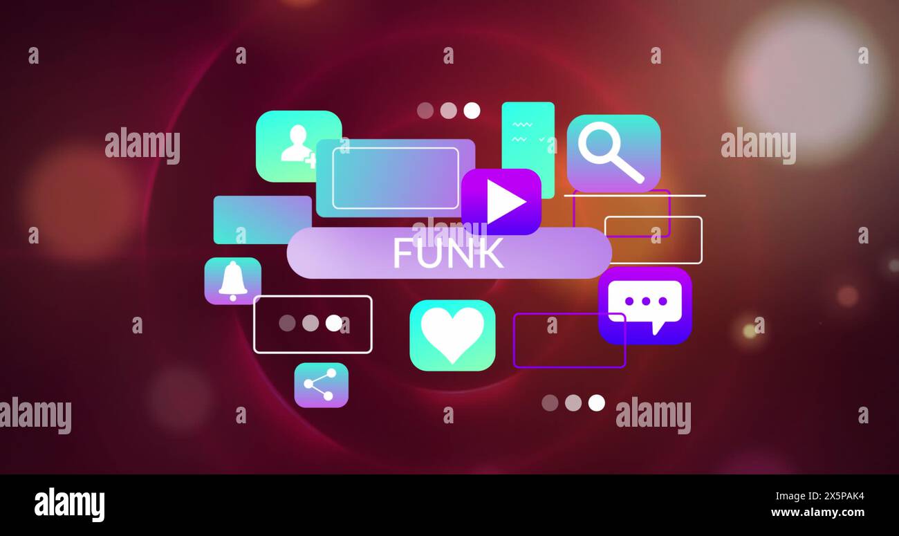 Image of funk text in rectangle and computer application icons against ...