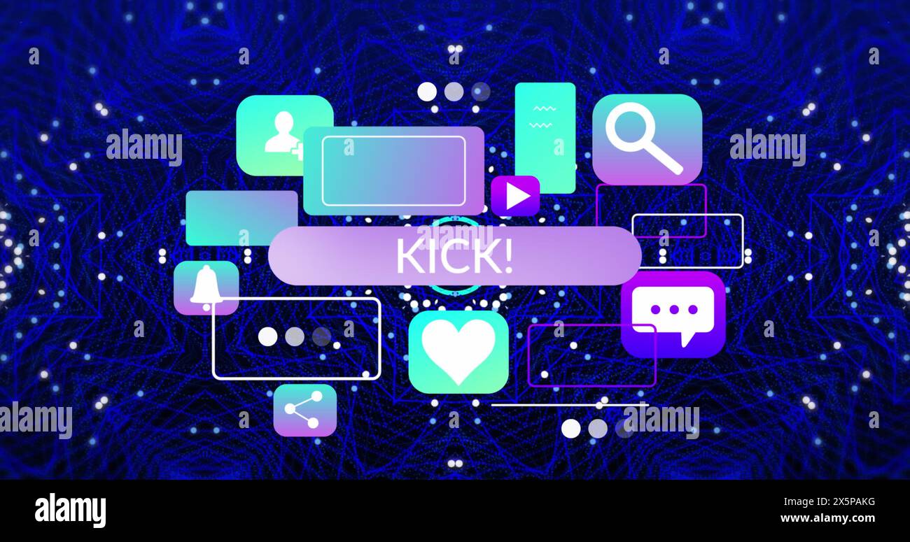 Image of kick text, application icons over mandala patterns and dots ...