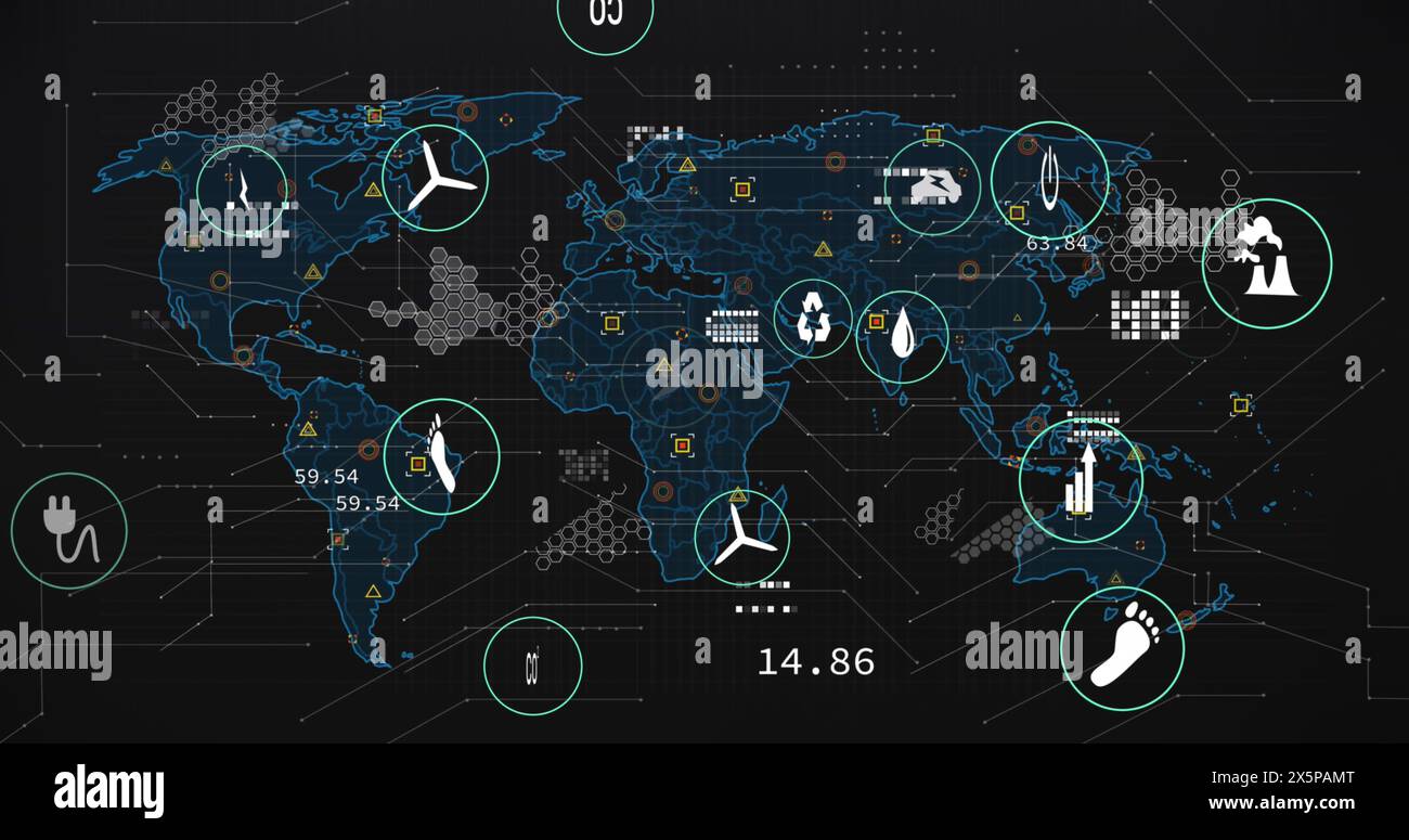 Image of icons and data processing over world map Stock Photo - Alamy