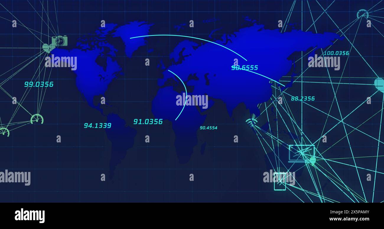 Image of connections with icons and data processing over world map ...