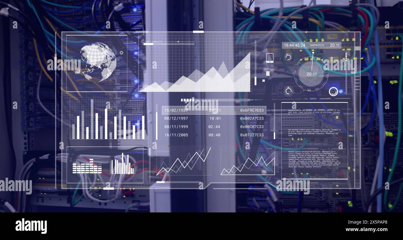 Image of interface with data processing against close up of a computer server Stock Photo