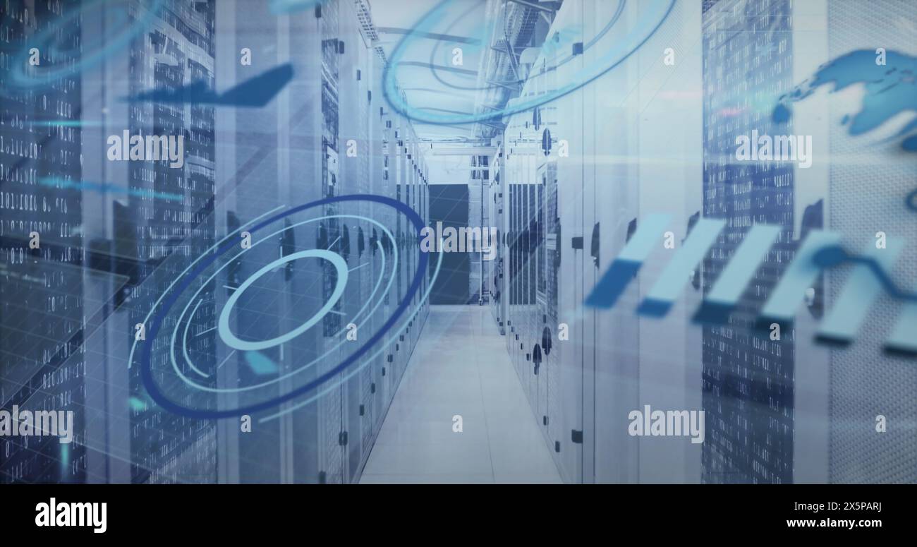 Image of circles, globe, graphs over binary codes on data server racks in server room Stock Photo