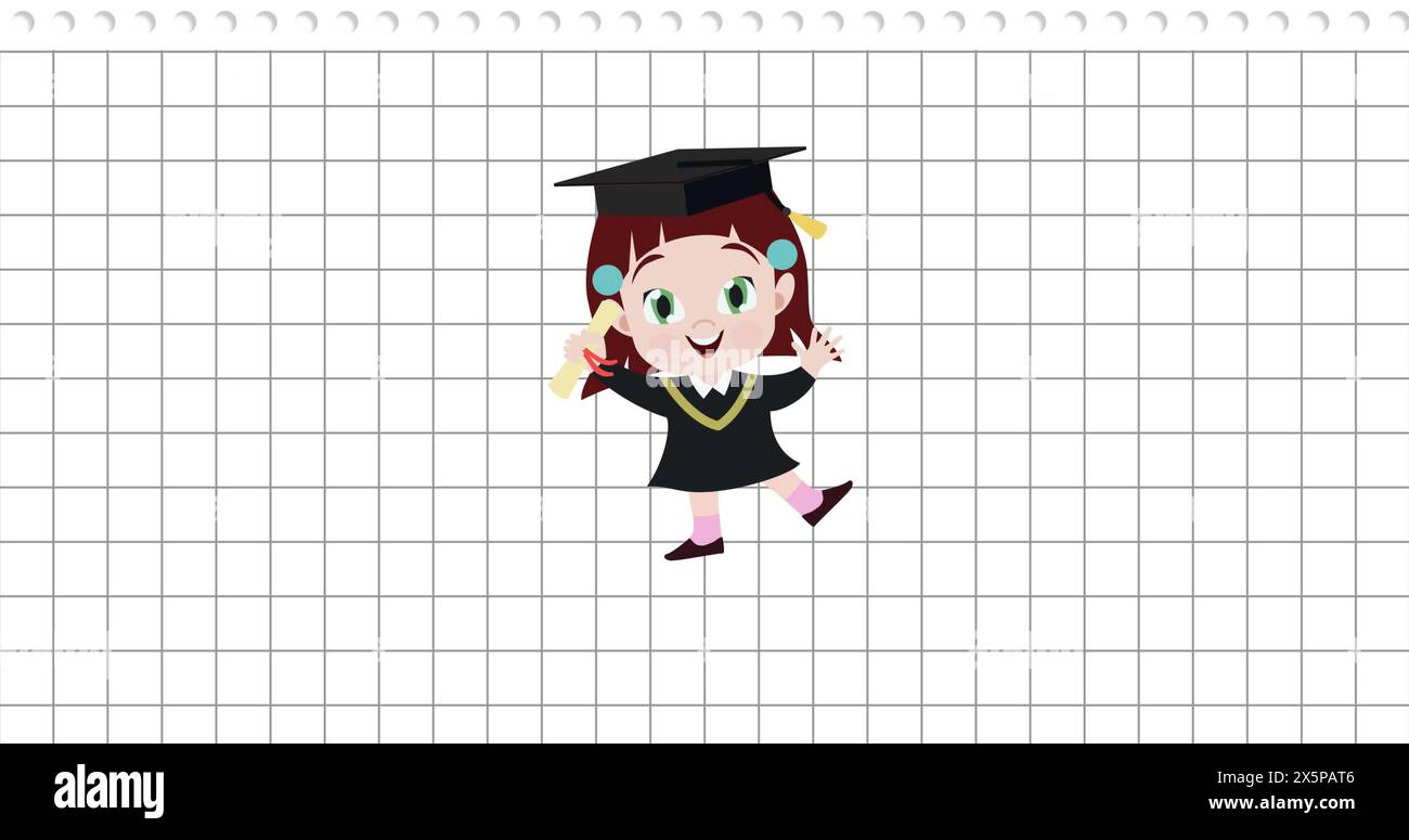 Image of happy girl cartoon wearing mortarboard and holding degree over grid pattern Stock Photo