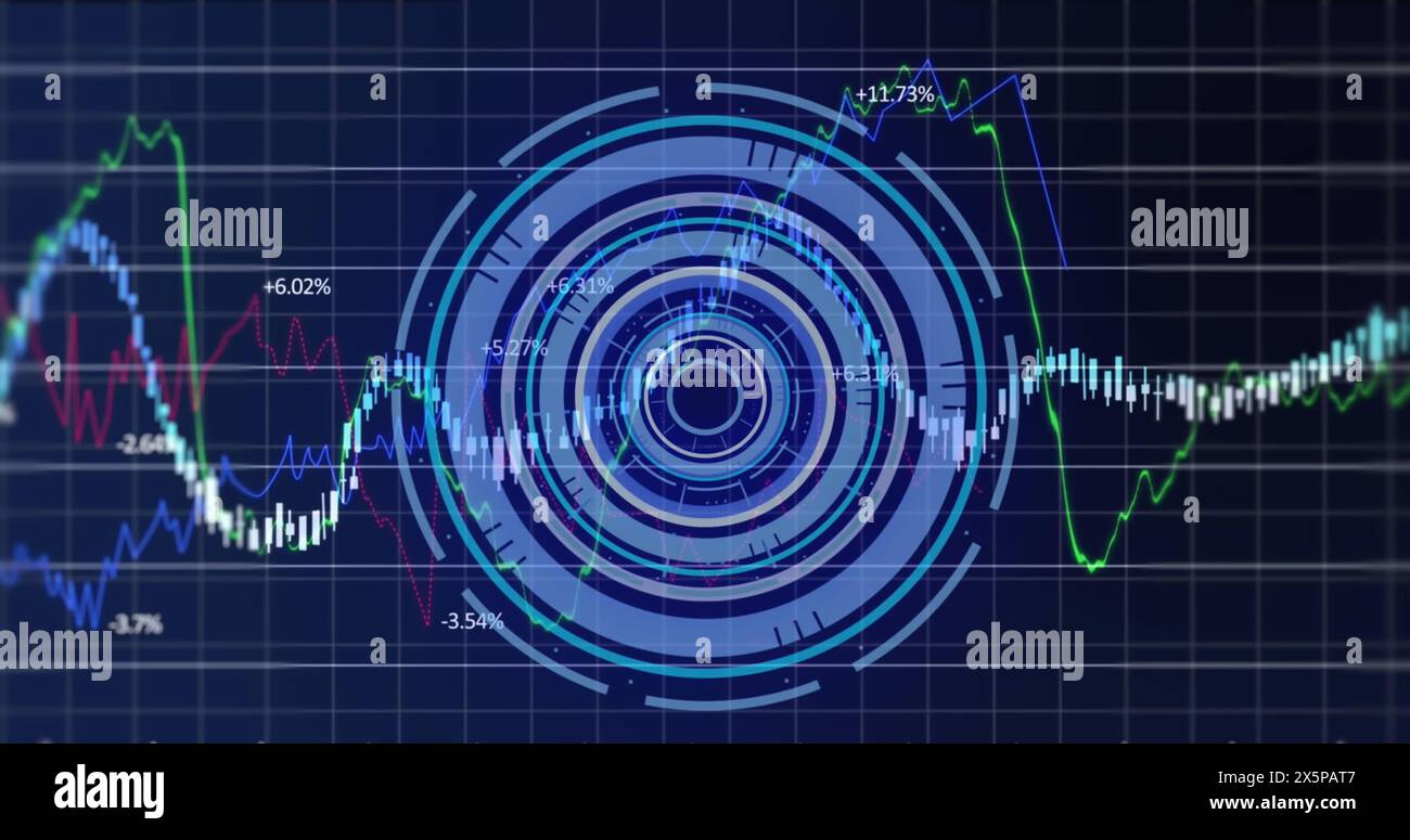 Image of financial data processing over round scanner against blue background Stock Photo