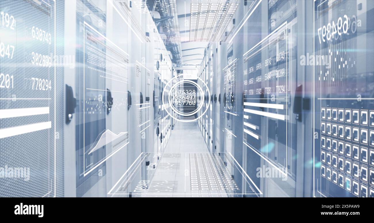 Image of graphs, changing numbers, loading circles and bars over server room Stock Photo