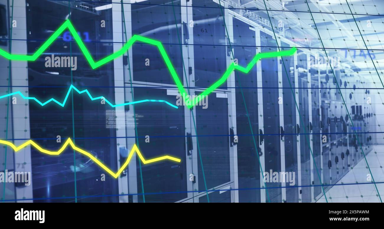 Image of graphs, changing numbers, computer language over data server room Stock Photo