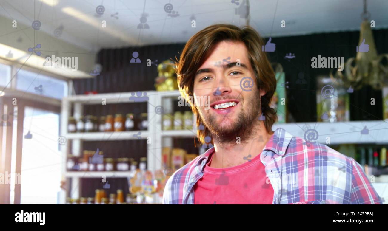 Image of icons connected with lines over caucasian man talking on cellphone Stock Photo
