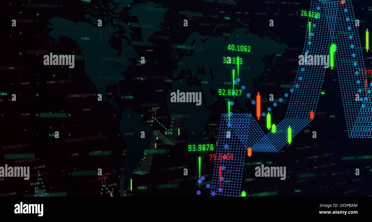 Image of numbers changing and data processing with world map Stock Photo