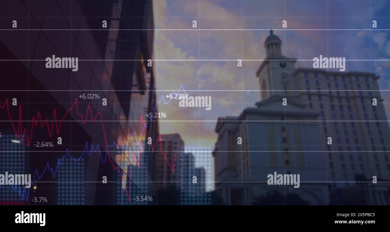 Image of financial graphs and data over cityscape Stock Photo