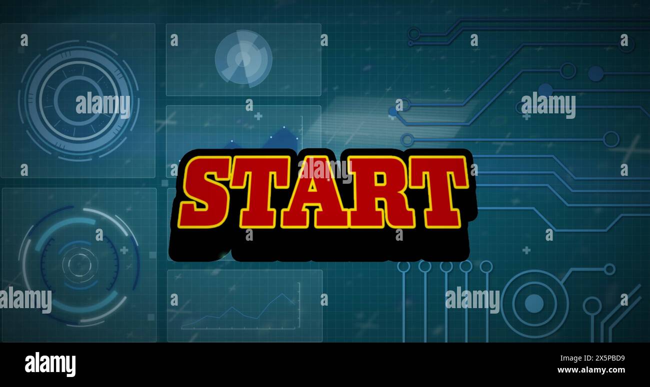 Image of start text over data processing on dark background Stock Photo