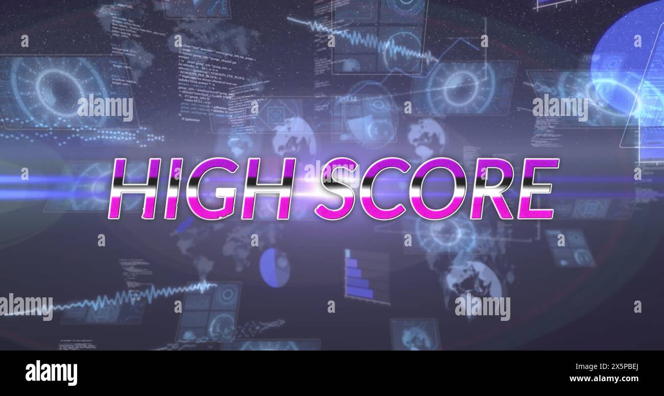 Image of high score text over data processing on dark background Stock Photo