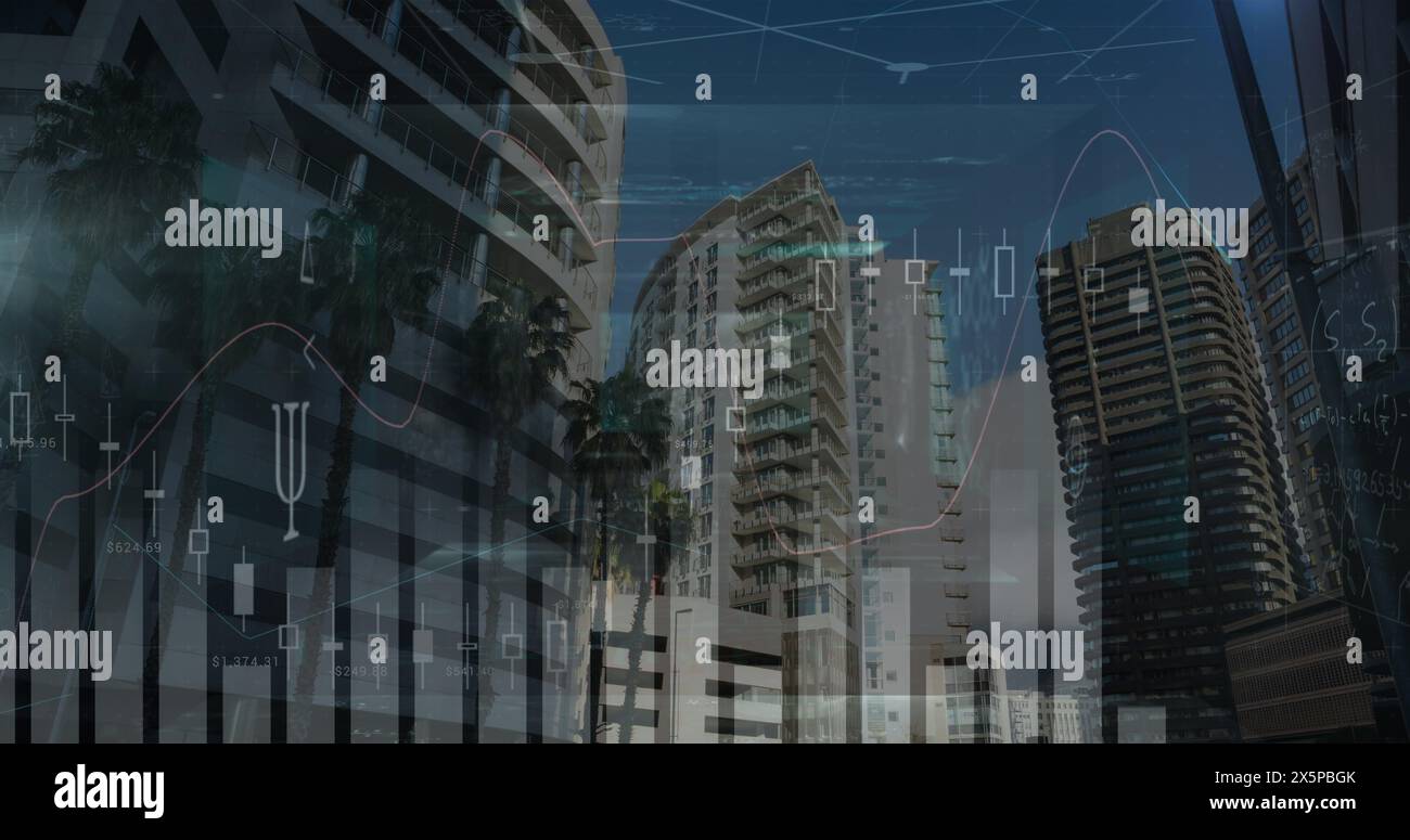 Composite image of statistical data processing and mathematical equations against tall buildings Stock Photo