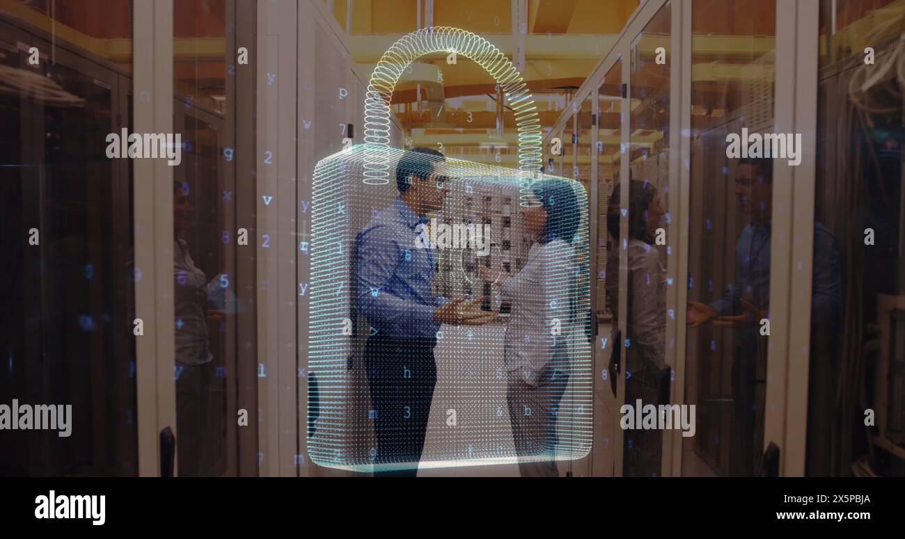 Image of data processing over biracial workers in server room Stock Photo