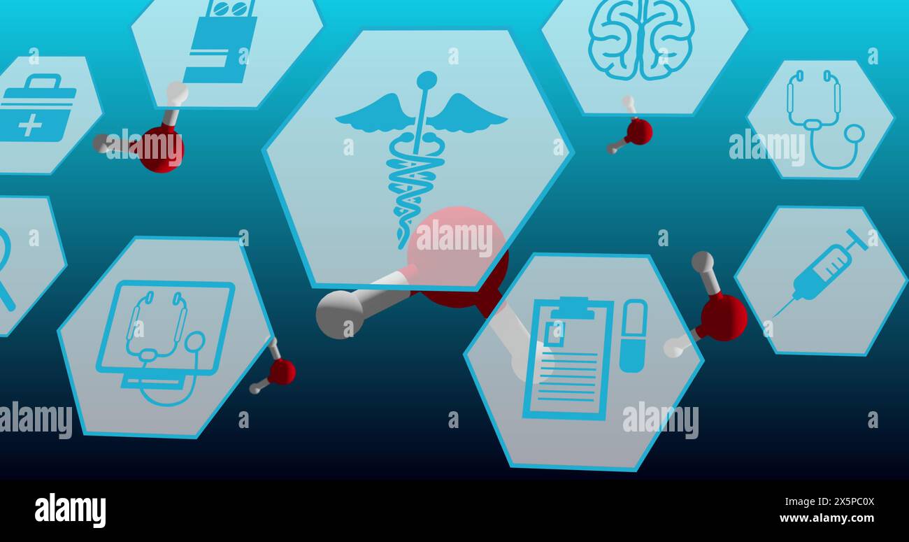 Image of medical icons and molecules on blue background Stock Photo - Alamy