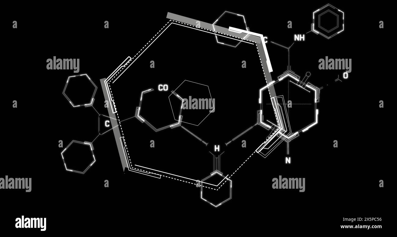 Image of data processing and shapes on black background Stock Photo
