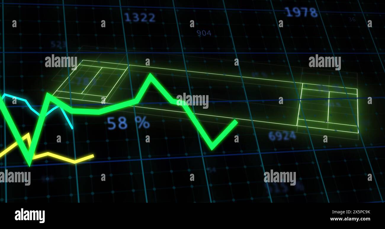 Image of neon stadium over data processing on black background Stock Photo