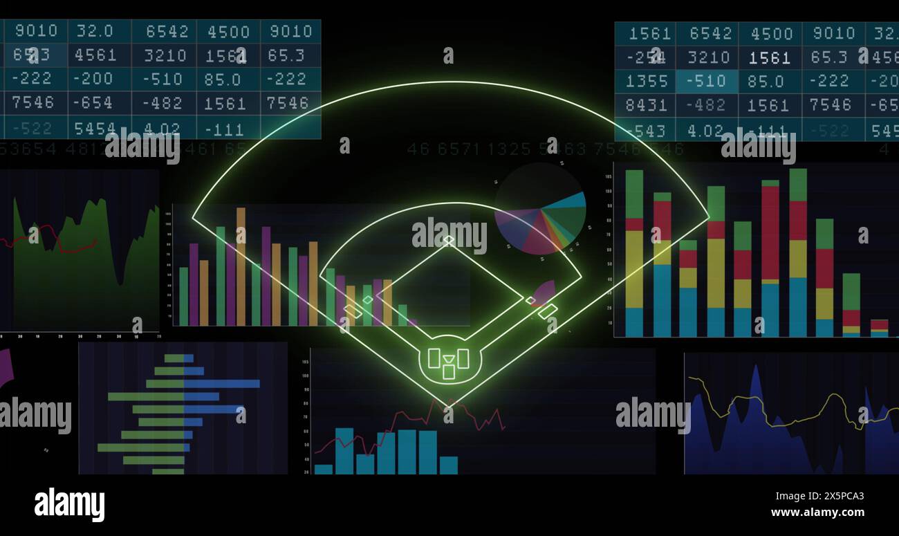 Image of neon stadium over data processing on black background Stock Photo