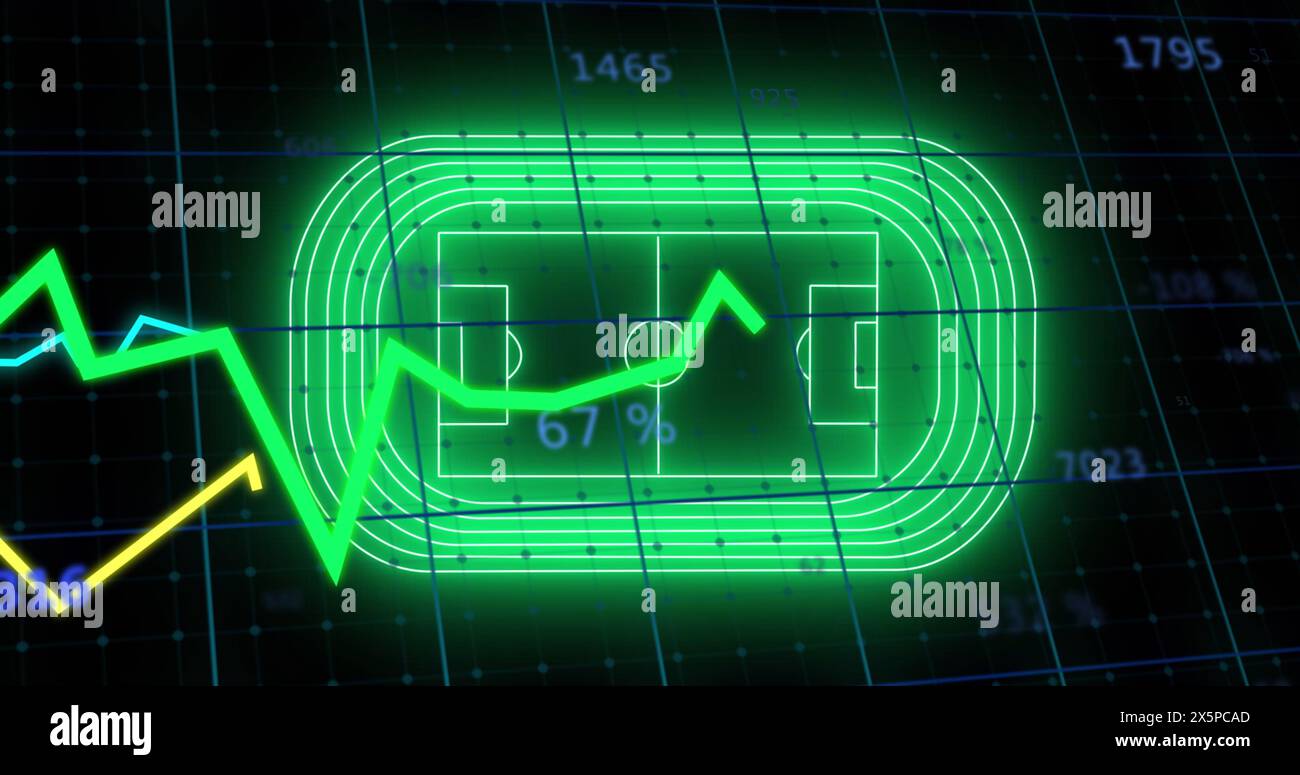 Image of neon stadium over data processing on black background Stock Photo
