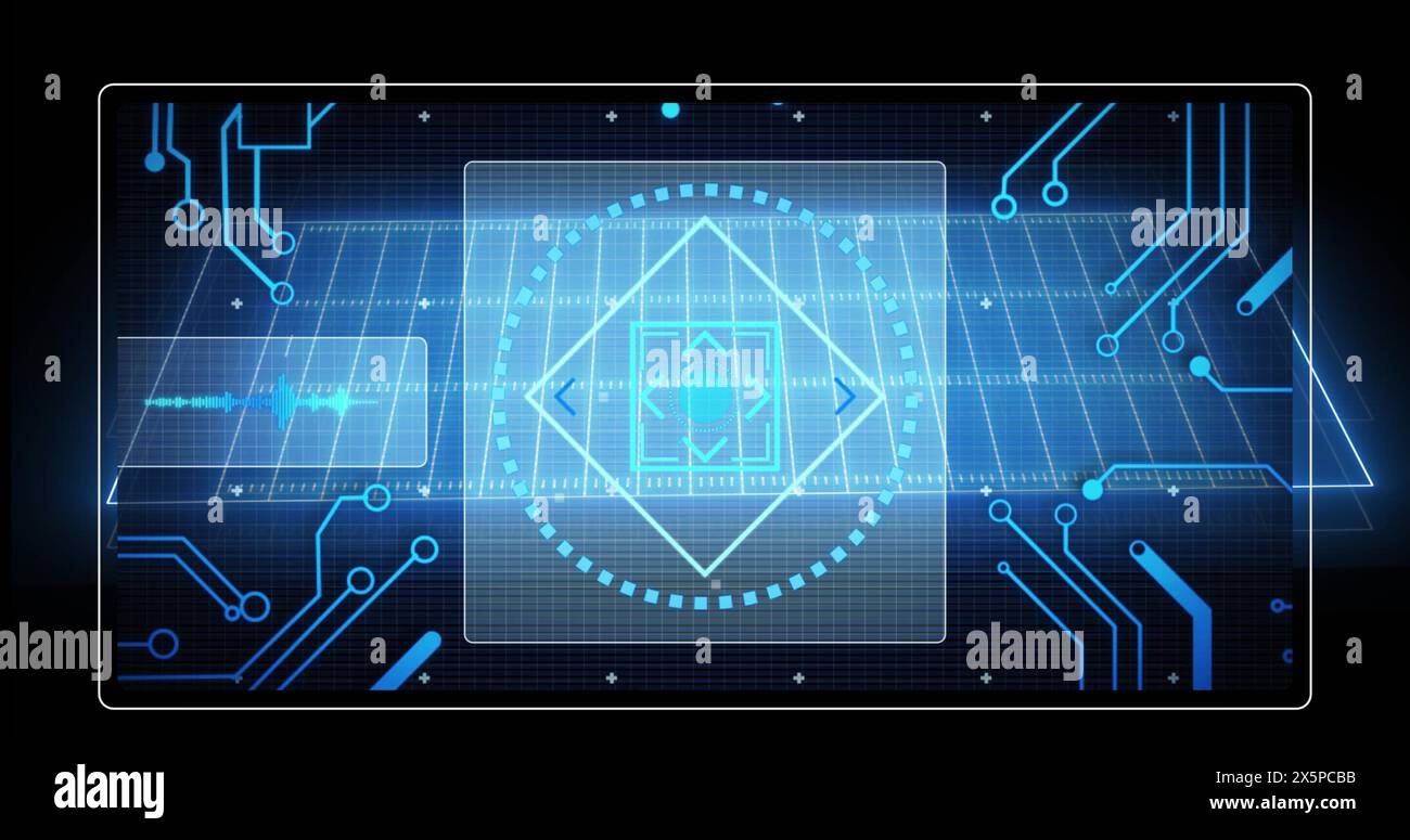 Image of neon stadium over data processing and scope scanning on black background Stock Photo
