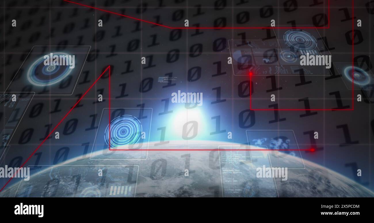 Image of red moving dots forming lines with binary code, circles and glare over globe Stock Photo