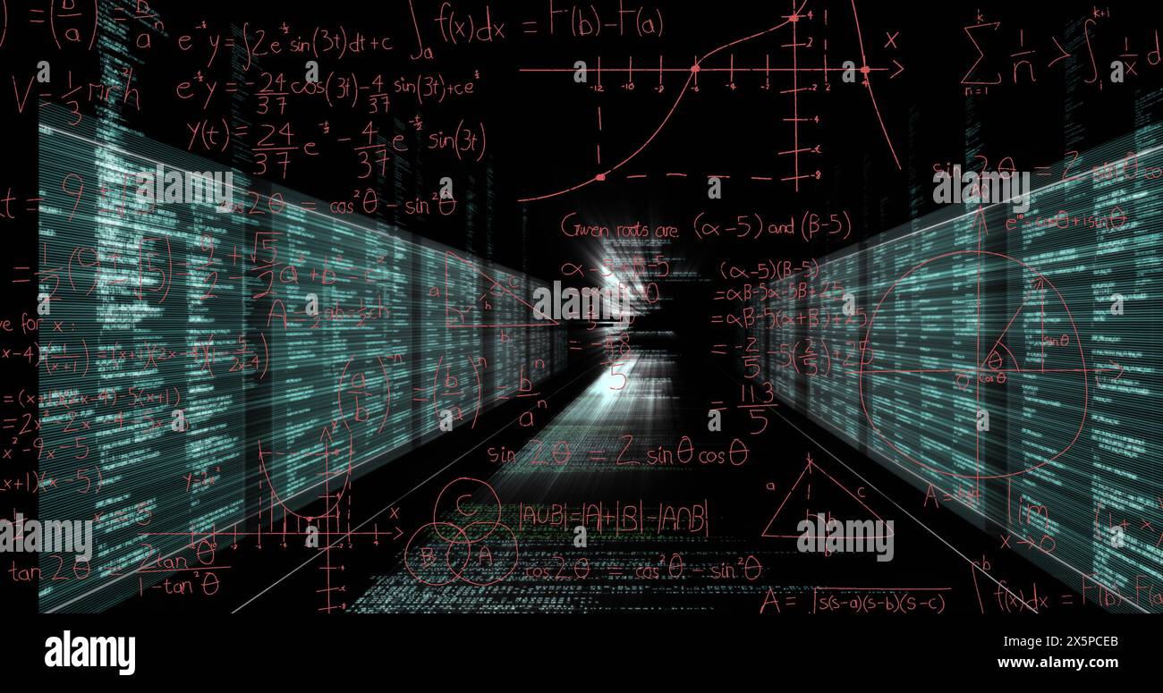 Image of mathematical equations over data processing on black ...