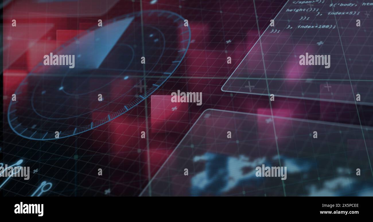 Image of data processing over squares on black background Stock Photo