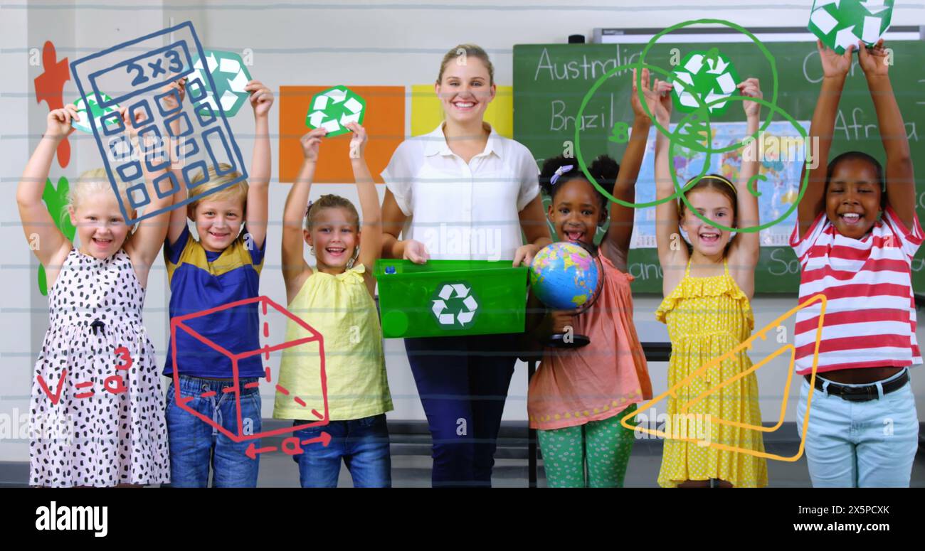 Image of school concept icons over caucasian female teacher and ...