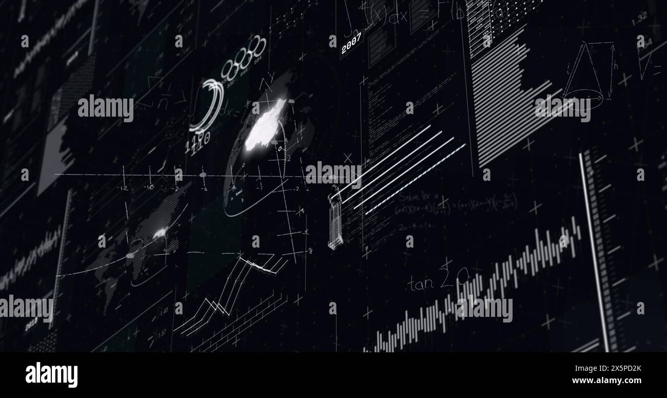 Image of statistics and data processing over black background Stock ...