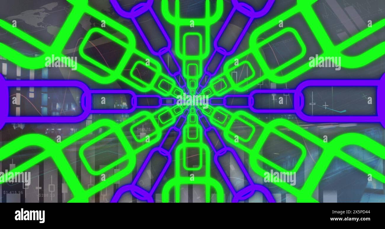 Image of data processing over neon shapes Stock Photo