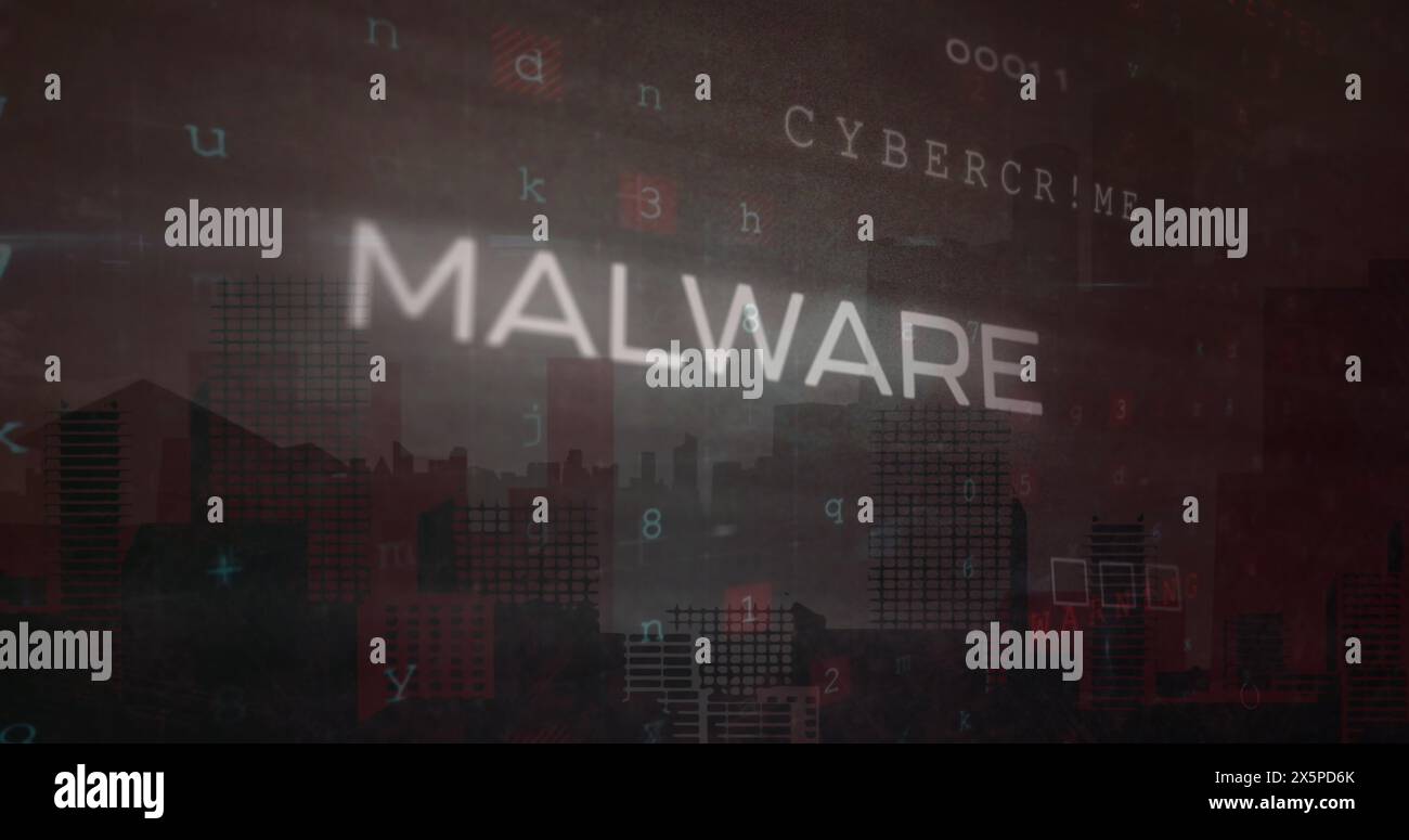 Image of malware texts, numbers, alphabets, symbol, circuit board pattern over city Stock Photo