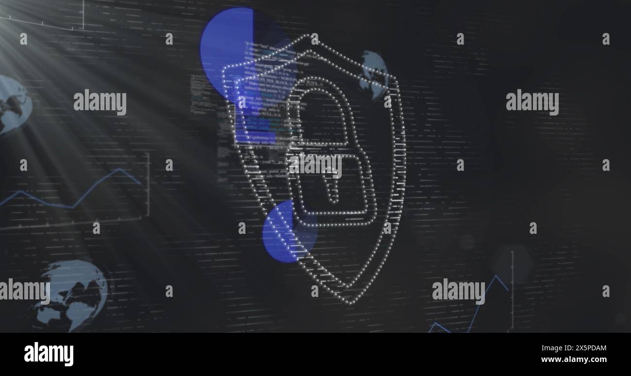 Image of digital padlock over graphs and data in digital space Stock Photo