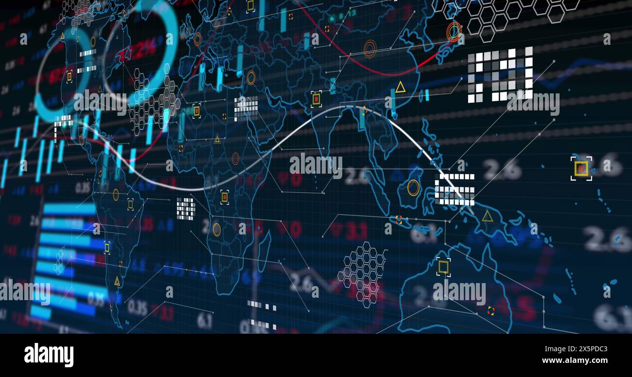 Image of data processing with statistics over world map Stock Photo - Alamy