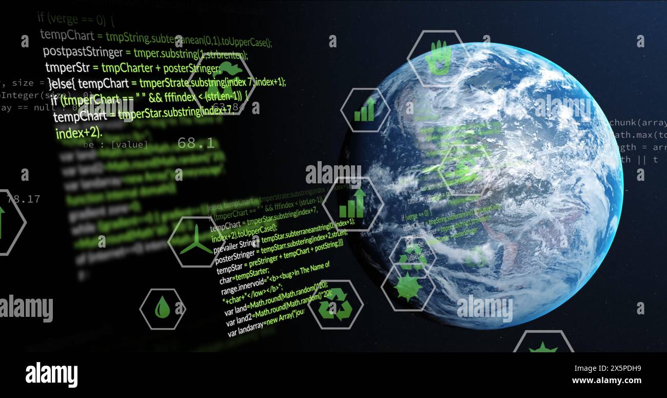 Image of eco icons and data processing over globe Stock Photo