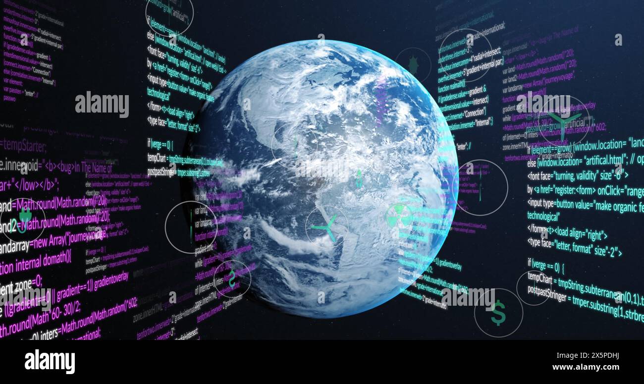 Image of eco icons and data processing over globe Stock Photo