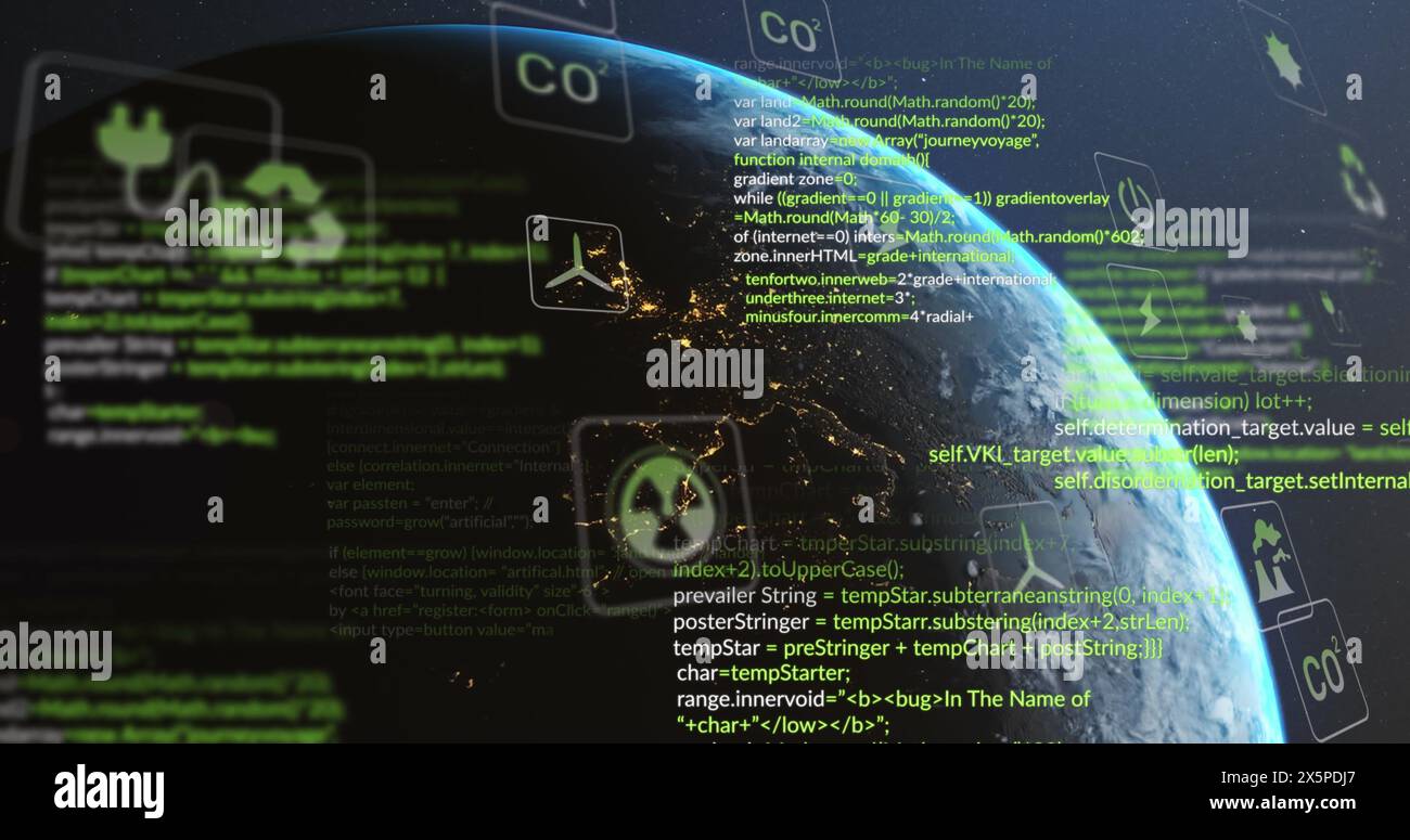 Image of eco icons and data processing over globe Stock Photo