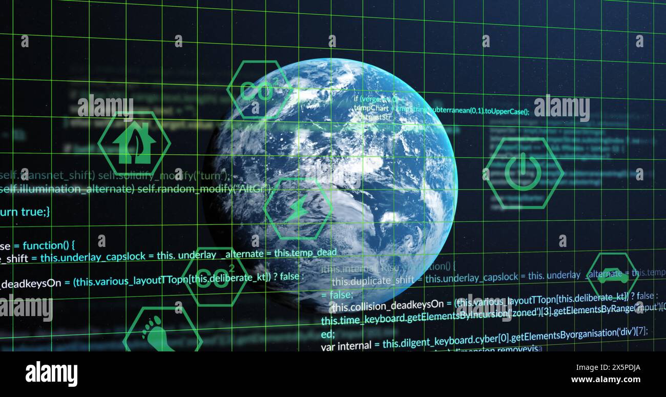 Image of eco icons and data processing over globe Stock Photo
